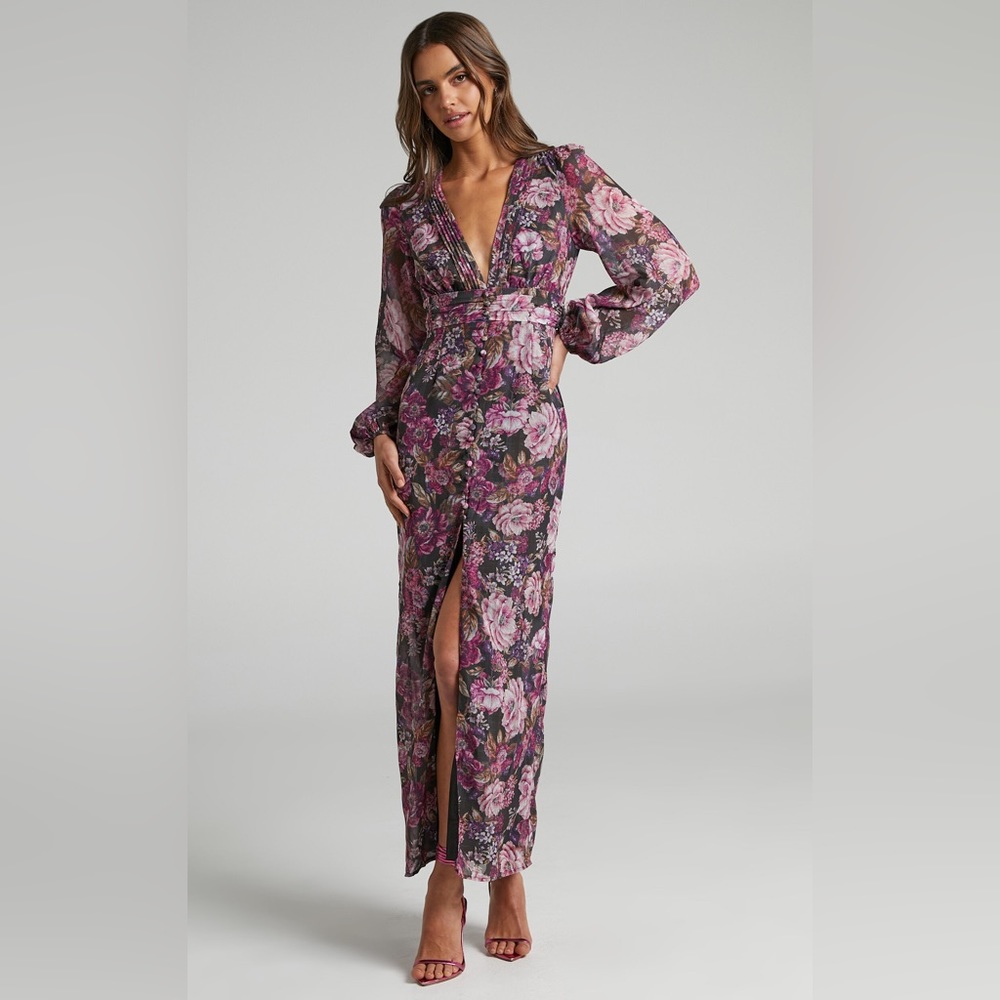 Showpo. Lorelei Maxi V Neck Balloon Sleeve Dress Harvest Floral Size 10